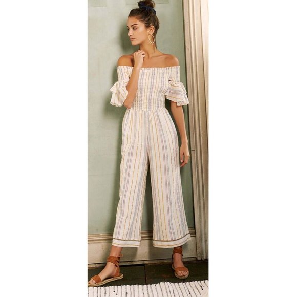 Saylor NYC Metallic Linen Striped Jumpsuit Dress Smocked Ivory S New